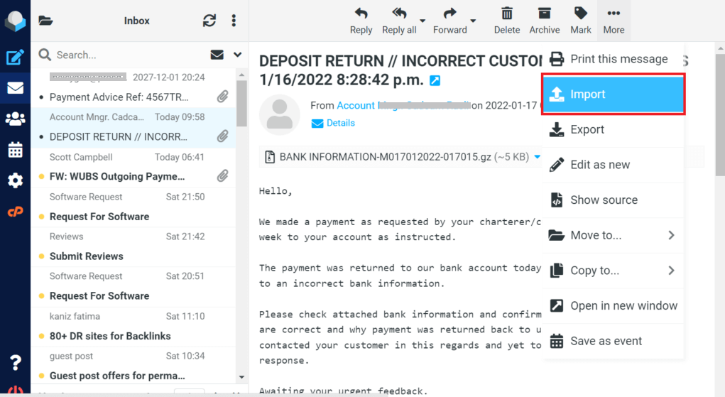 import MBOX to Roundcube
