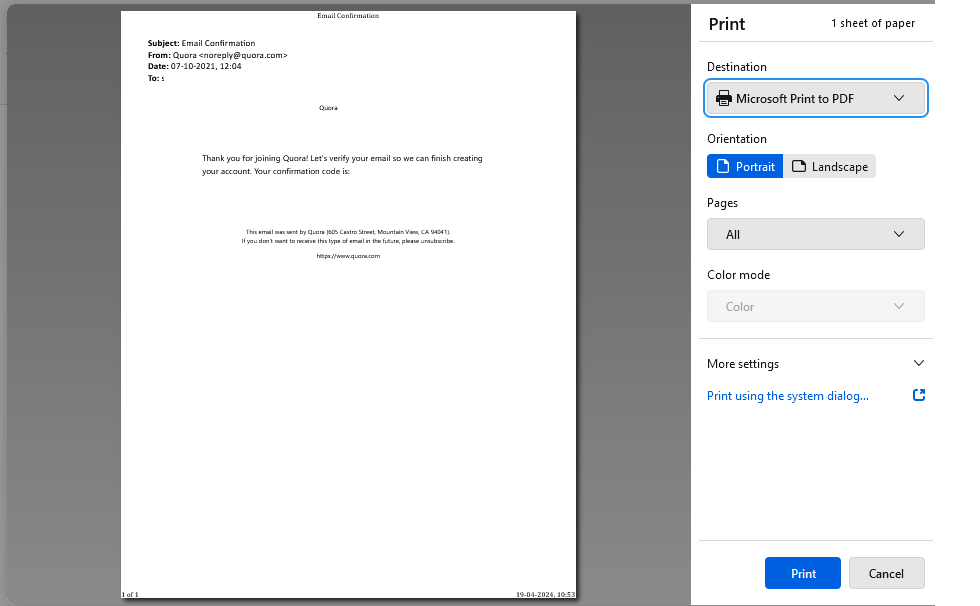 Print Thunderbird Emails in PDF