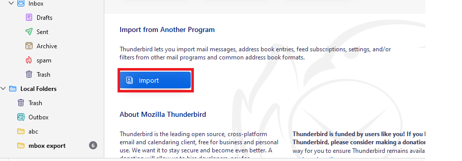 Click on Import to start the transferring